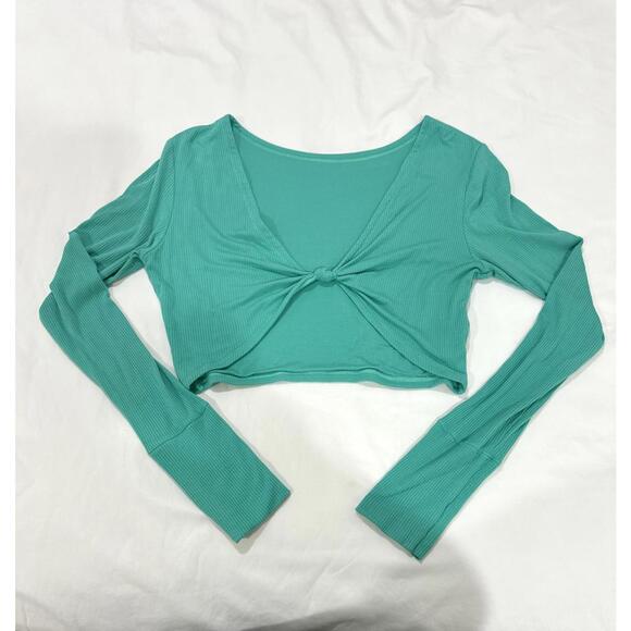 Aerie OFFLINE Teal Thumbs Up Bow Long Sleeve Modal Crop Top- Size Large - Picture 3 of 9